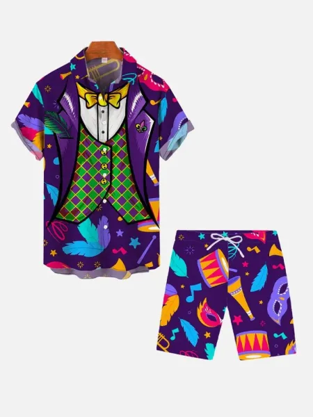 Design Mardi Gras Fleur-de-Lis Print Short-Sleeve Shirt and Shorts Set Multicolor Sets - 5