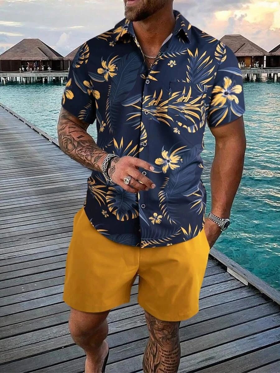 Design Hawaiian Print Button-Up Shirt Navy Yellow Shorts Set - 13