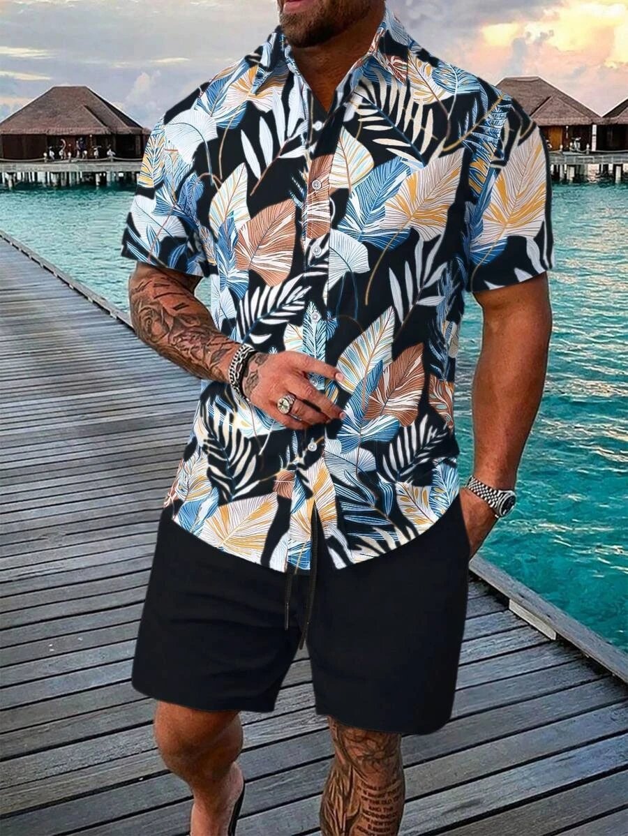 Design Hawaiian Print Button-Up Shirt Navy Yellow Shorts Set - 16