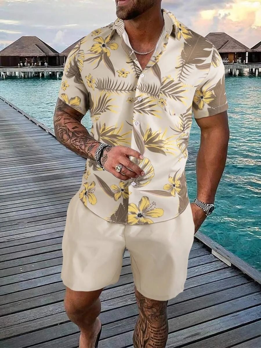 Design Hawaiian Print Button-Up Shirt Navy Yellow Shorts Set - 20