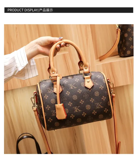 Design Boston Bag with Monogram Print Brown and Beige Handbag - 12