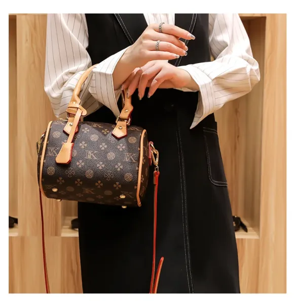 Design Boston Bag with Monogram Print Brown and Beige Handbag - 18