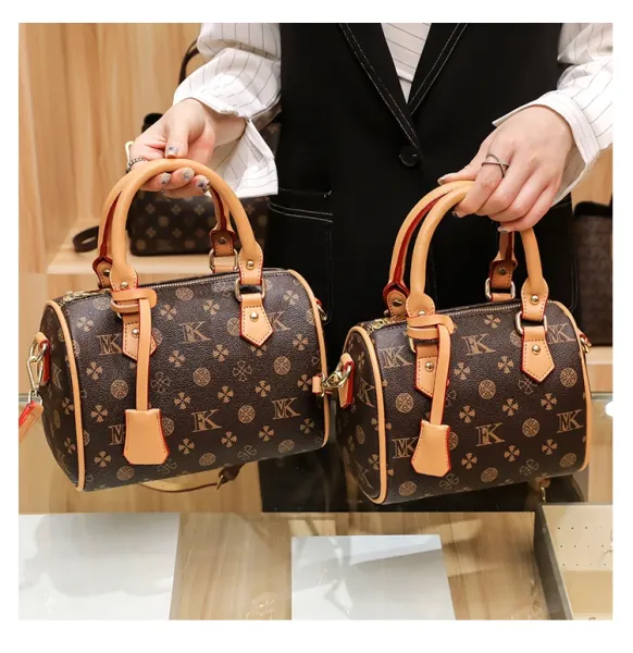 Design Boston Bag with Monogram Print Brown and Beige Handbag - 23