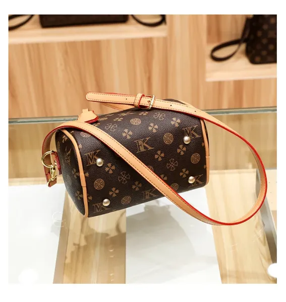 Design Boston Bag with Monogram Print Brown and Beige Handbag - 28
