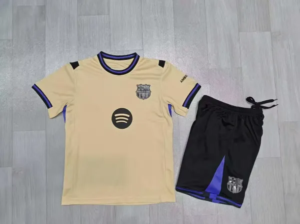 FC Barcelona x Spotify 2024 Third Kit Beige Jersey and Black Shorts Set - 3