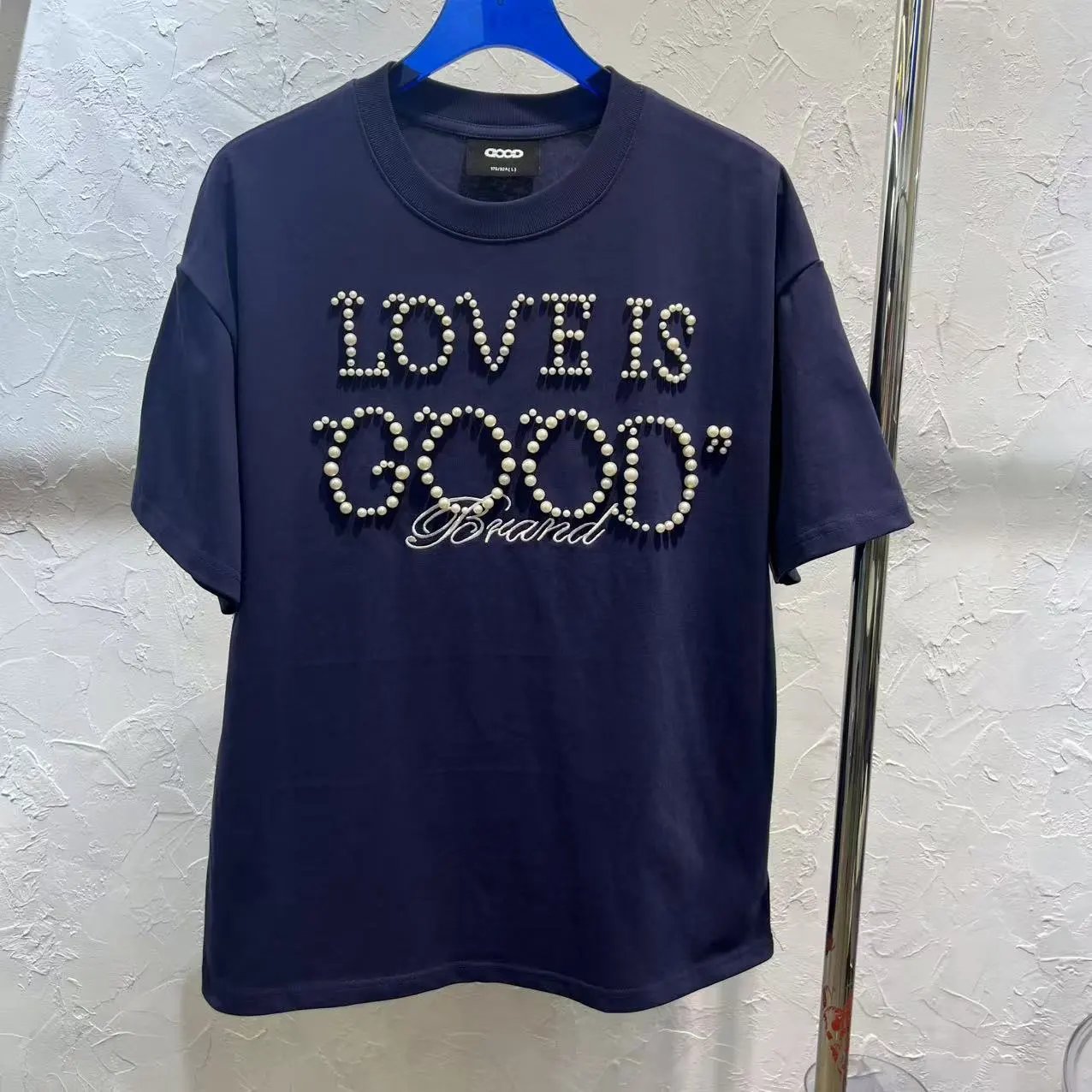 GOOD BRAND Love Is Good Pearl Embellished Navy T-Shirt