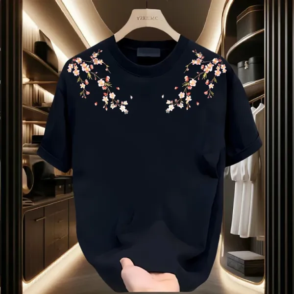 Design YZEE.MC Embroidered Cherry Blossom Navy T-Shirt T-Shirts - 2