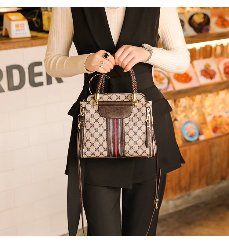Design Quilted Diamond Pattern Handbag with Striped Strap Beige Brown Red Handbag - 16