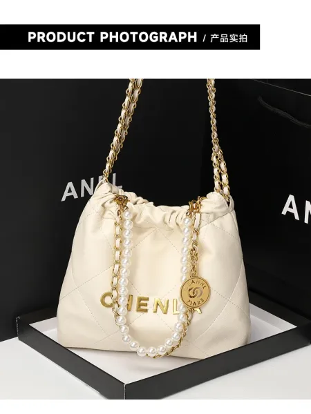 Design Chenla Quilted Drawstring Chain Bag Black Shoulder Bags - 5