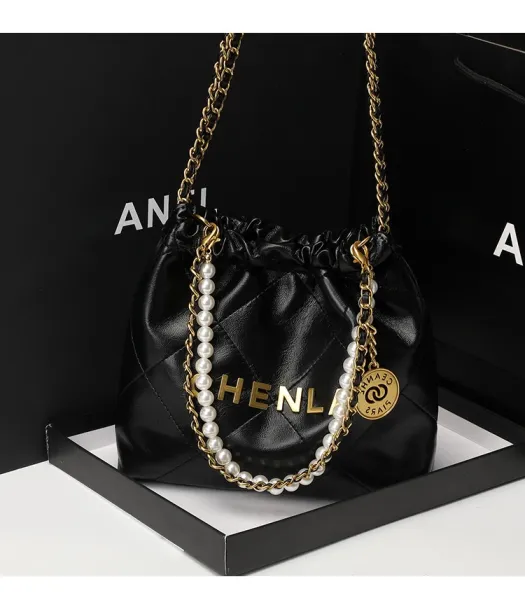 Design Chenla Quilted Drawstring Chain Bag Black Shoulder Bags - 11
