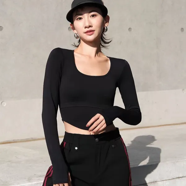 Design Cropped Long-Sleeve Square-Neck Top Black - 1