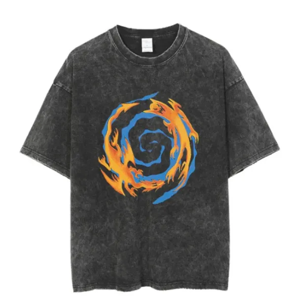 Design Swirl Flame Graphic Acid Wash T-Shirt - 1