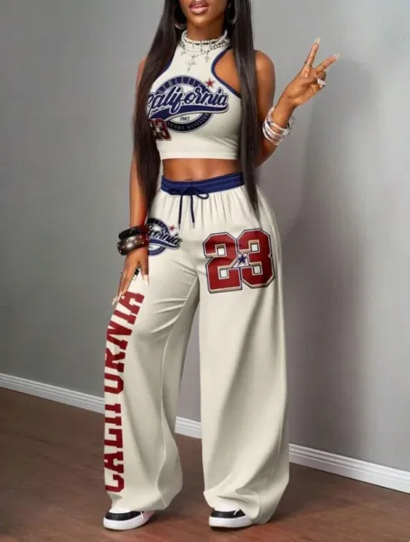 Design California 23 Graphic Crop Top and Wide-Leg Sweatpants Set Black - 5