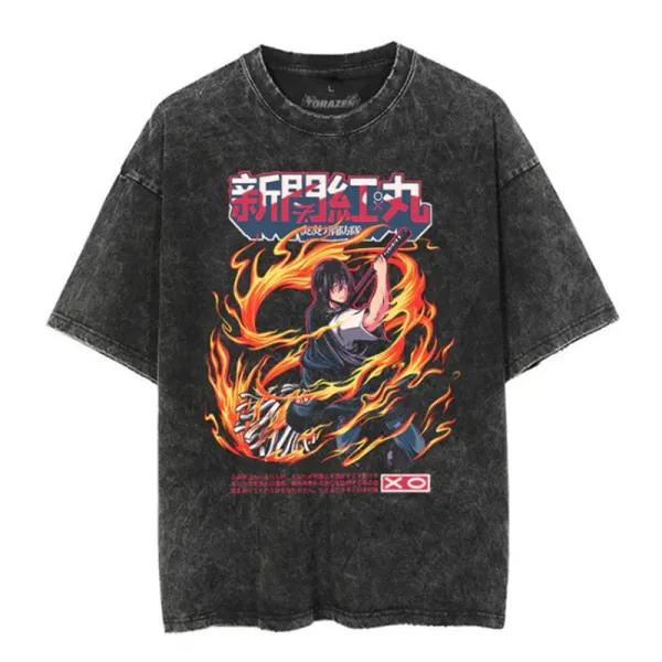 Design Yorazen Shinmon Kōmaru Flame Graphic Washed Black T-Shirt T-Shirts - 1