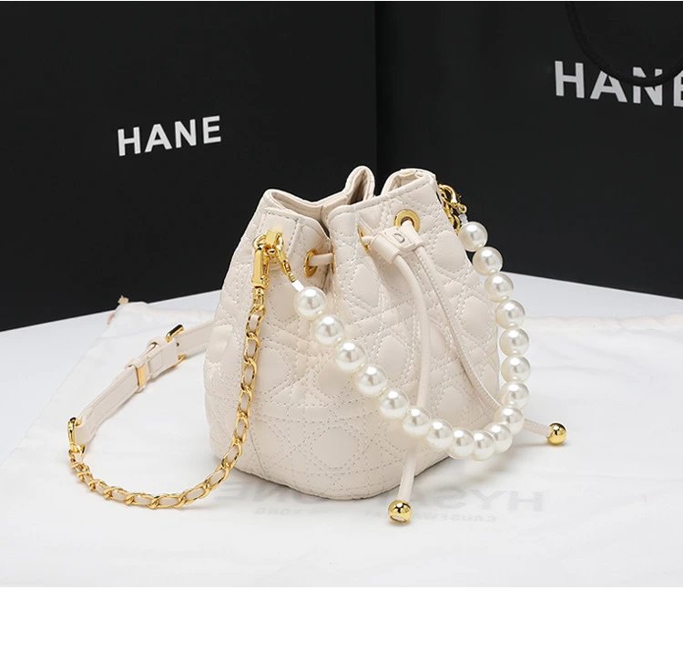 HANE Quilted Pearl-Embellished Pink Bucket Bag Handbags - 15