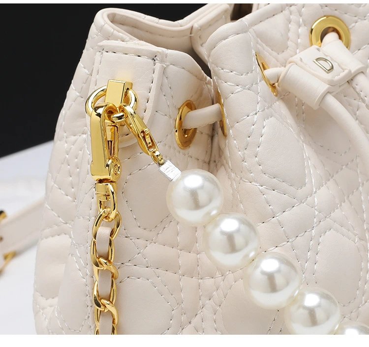 HANE Quilted Pearl-Embellished Pink Bucket Bag Handbags - 23
