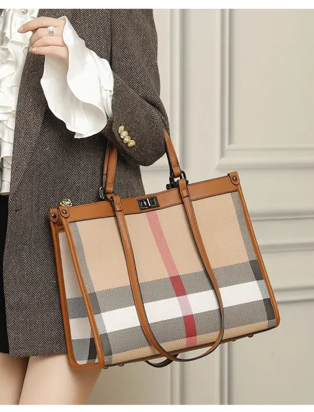 Burberry Check Tote Bag Beige Brown Grid Handbag - 11