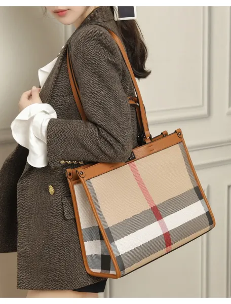 Burberry Check Tote Bag Beige Brown Grid Handbag - 15