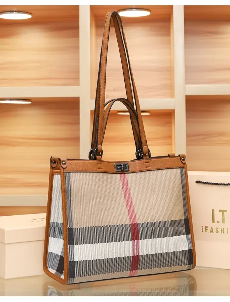 Burberry Check Tote Bag Beige Brown Grid Handbag - 21