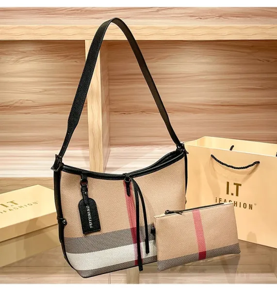 Design I.T Fashion Checkered Hobo Bag Set Beige Multicolor Shoulder Bags - 20