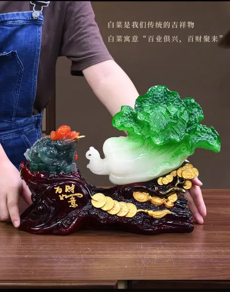 Design Jade Cabbage and Toad Fortune Ornament Green White Red Brown Accessories - 3