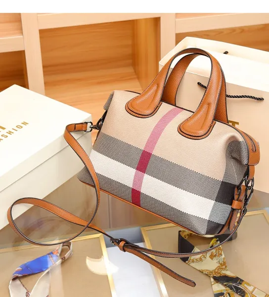 Burberry Check Pattern Boston Bag Beige Brown Handbag - 17