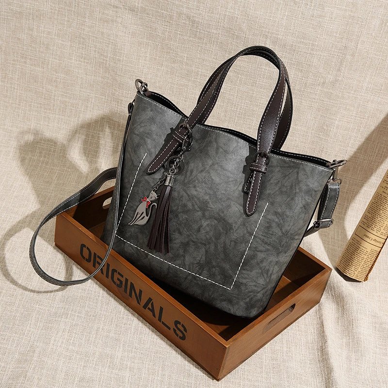 Vintage Tote Bag Brown with Contrast Stitching and Tassel Charm
