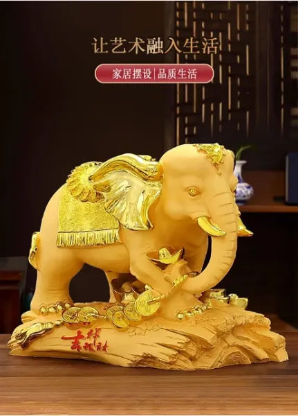Design Wood Carved Elephant Ornament with Ancient Coins and Auspicious Inscription Decorative Sculpture Accessories - 8