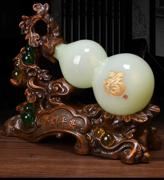 Design Jade Gourd Ornament with Wooden Base and Chinese Knot Tassel Accessories - 5