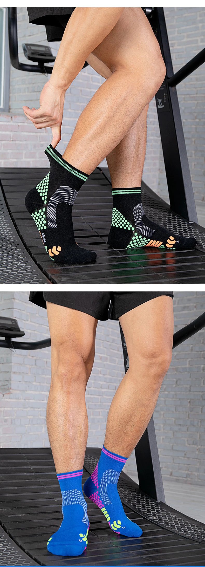 Design Performance Running Socks Neon Orange with Blue Grip Dots and Green Heel Tab - 9