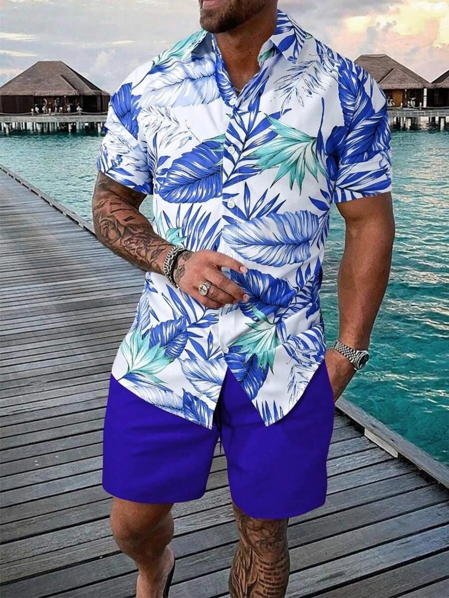 Design Hawaiian Print Button-Up Shirt Navy Yellow Shorts Set - 7