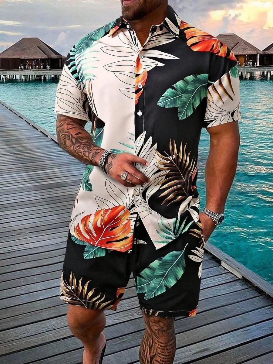 Design Hawaiian Print Button-Up Shirt Navy Yellow Shorts Set - 8