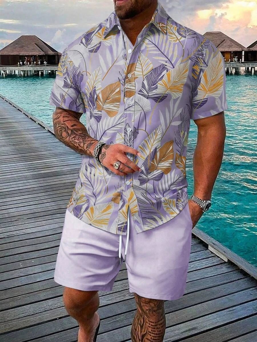 Design Hawaiian Print Button-Up Shirt Navy Yellow Shorts Set - 12
