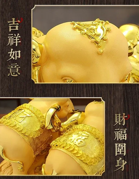 Design Wood Carved Elephant Ornament with Ancient Coins and Auspicious Inscription Decorative Sculpture Accessories - 13