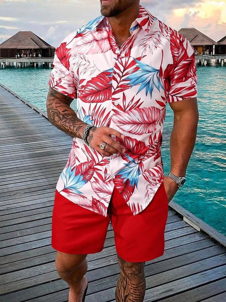 Design Hawaiian Print Button-Up Shirt Navy Yellow Shorts Set - 21