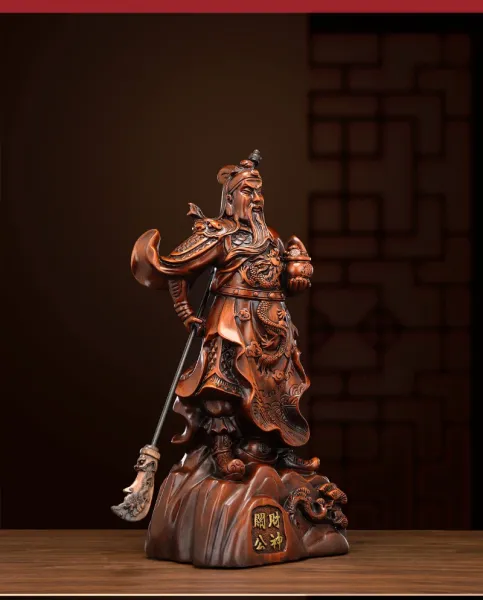 Design Guan Gong Wealth God Wood Carving Statue Brown Accessories - 5