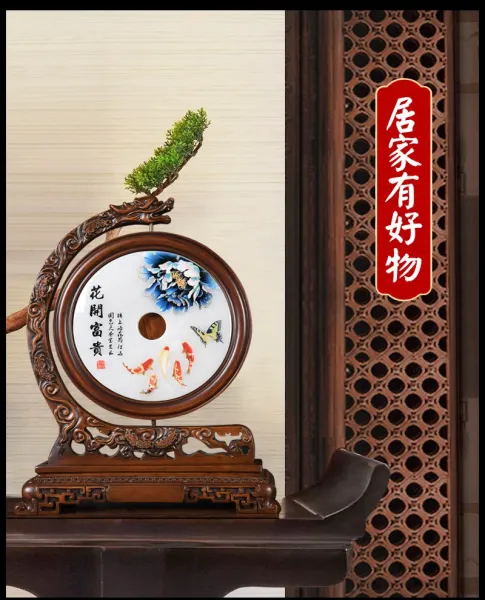 Design Chinese Ceramic Decorative Plate with Dragon Carved Wooden Stand Accessories - 9