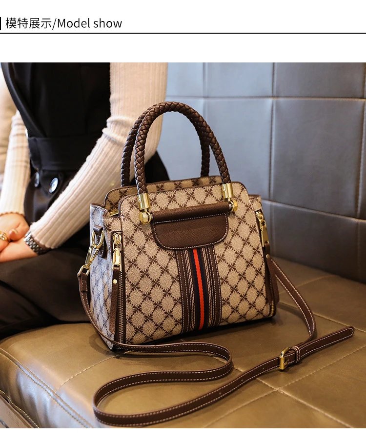Design Quilted Diamond Pattern Handbag with Striped Strap Beige Brown Red Handbag - 13