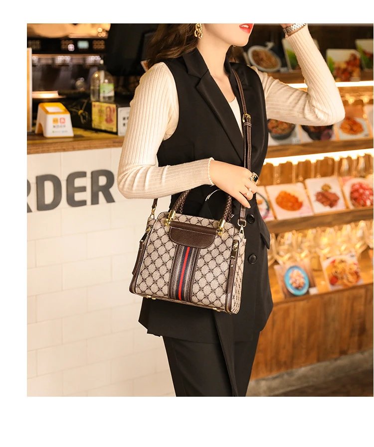 Design Quilted Diamond Pattern Handbag with Striped Strap Beige Brown Red Handbag - 18