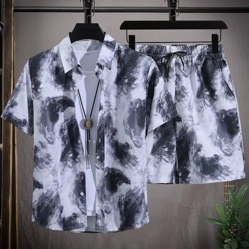 Floral Print Hawaiian Shirt and Shorts Set Orange Green
