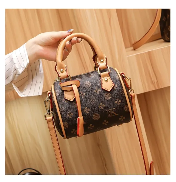 Design Boston Bag with Monogram Print Brown and Beige Handbag - 14