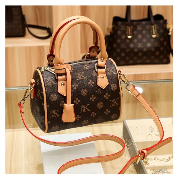 Design Boston Bag with Monogram Print Brown and Beige Handbag - 24