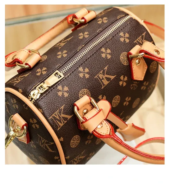 Design Boston Bag with Monogram Print Brown and Beige Handbag - 36