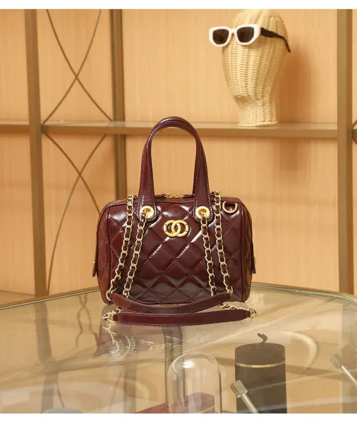 Chanel Quilted Boston Bag Burgundy Leather Handbag - 21