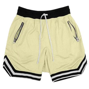 Design Mesh Shorts with Zipper Pockets and Striped Hem in Pale Yellow