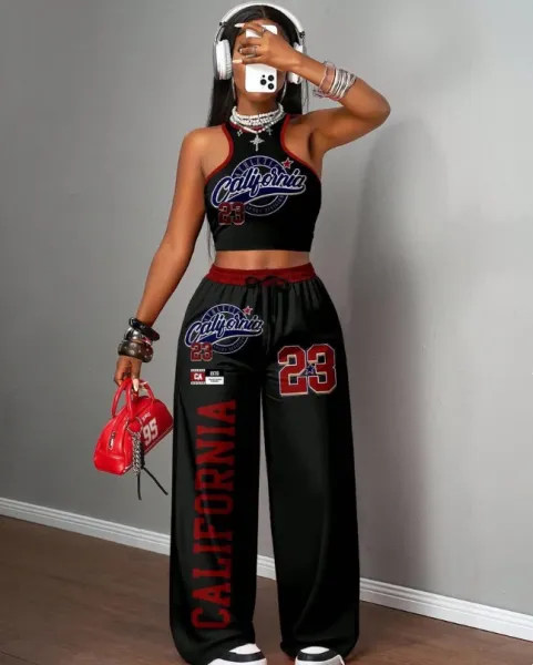 Design California 23 Graphic Crop Top and Wide-Leg Sweatpants Set Black - 7