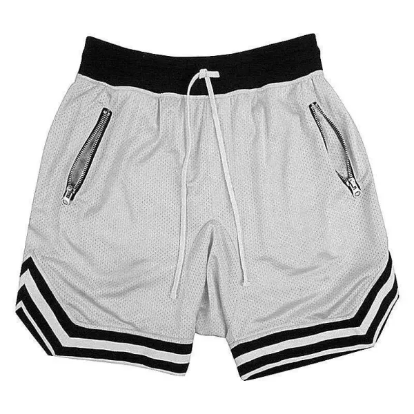Design Mesh Shorts with Zipper Pockets and Striped Hem in Pale Yellow - 7