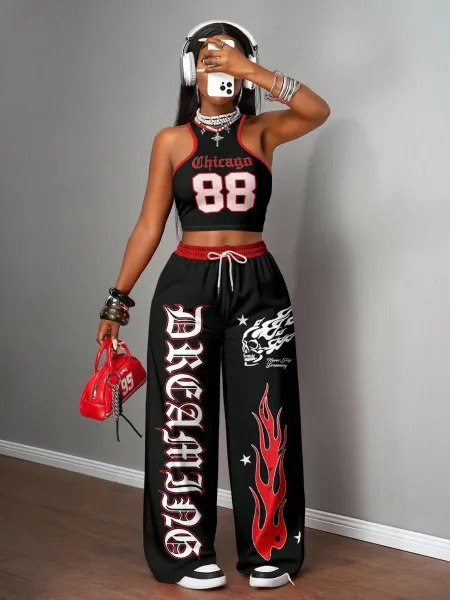 Design California 23 Graphic Crop Top and Wide-Leg Sweatpants Set Black - 15