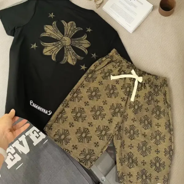 Chrome Hearts Floral Print T-Shirt and Shorts Set White / Army Green - 4