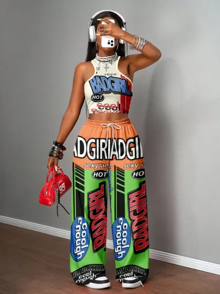 Design California 23 Graphic Crop Top and Wide-Leg Sweatpants Set Black - 20
